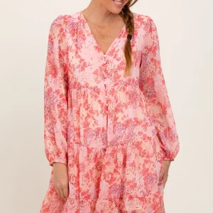 Pink Floral Chiffon Long Sleeve Dress