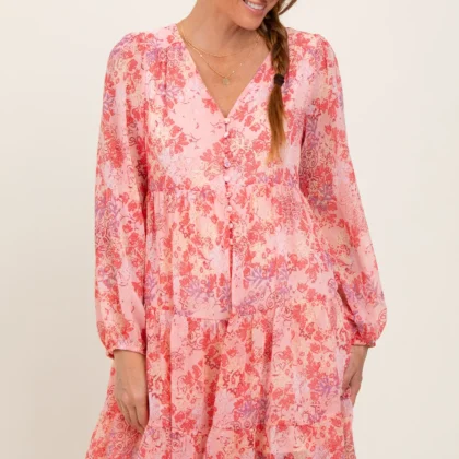 Pink Floral Chiffon Long Sleeve Dress