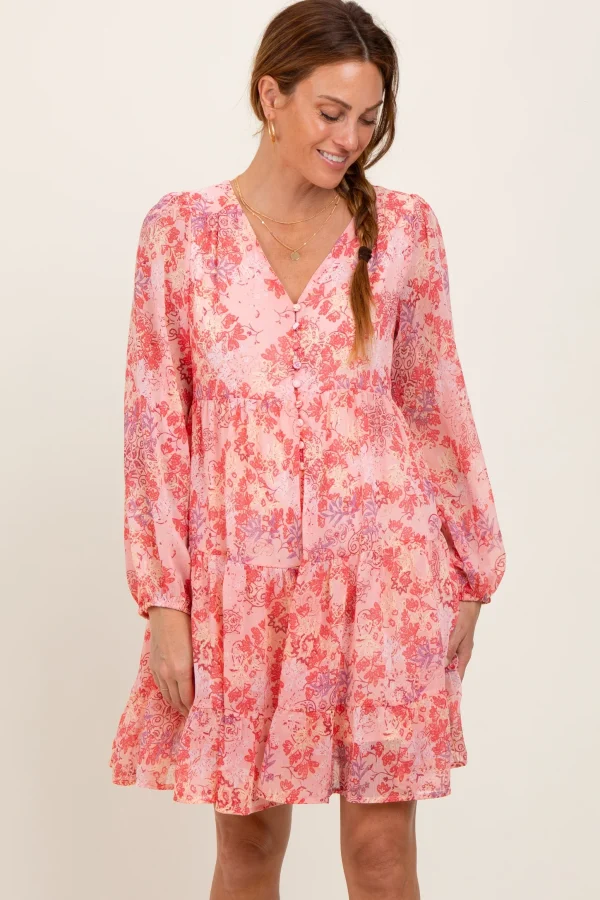 Pink Floral Chiffon Long Sleeve Dress