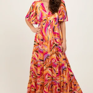 Magenta Brushstroke Print Tiered Maxi Dress