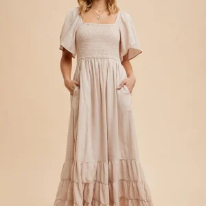 Cream Smocked Cotton Flutter Sleeve Dress