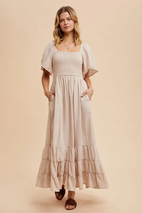 Cream Smocked Cotton Flutter Sleeve Dress