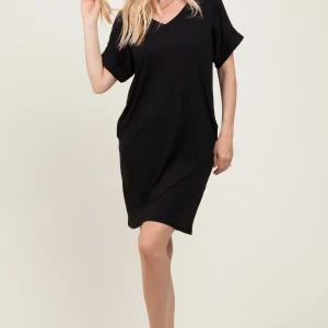 Black Brushed Rolled Short Sleeve V-Neck Dress