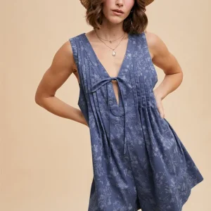 Navy Blue Floral Chambray Pleat Front Romper