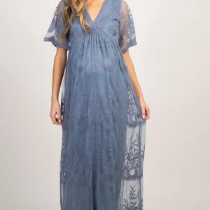 Blue Lace Mesh Overlay Maternity Maxi Dress