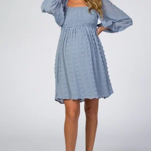 Dot Smocked Square Neck Chiffon Maternity Dress