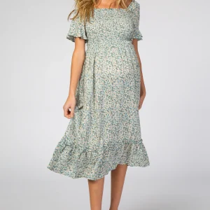 Light Blue Floral Ruffle Maternity Midi Dress