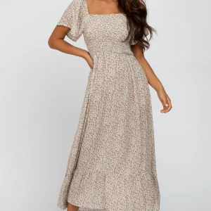 Ivory Floral Smocked Maxi Dress