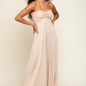 Beige Smocked Halter Maxi Dress
