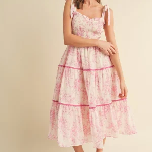 Pink Floral Sleeveless Tiered Midi Dress