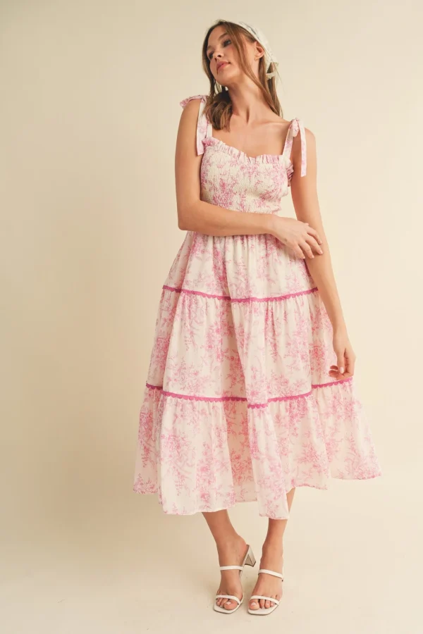 Pink Floral Sleeveless Tiered Midi Dress